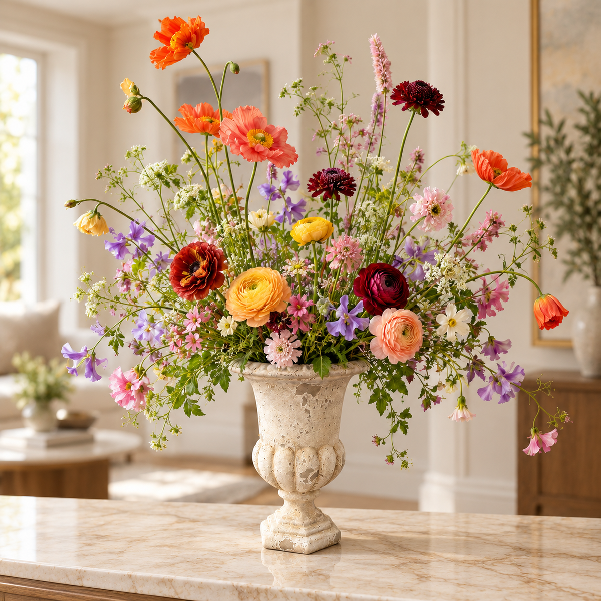 A large, vibrant wildflower arrangement in a distressed white stone urn vase, displayed on a marble countertop in a bright, modern living room.