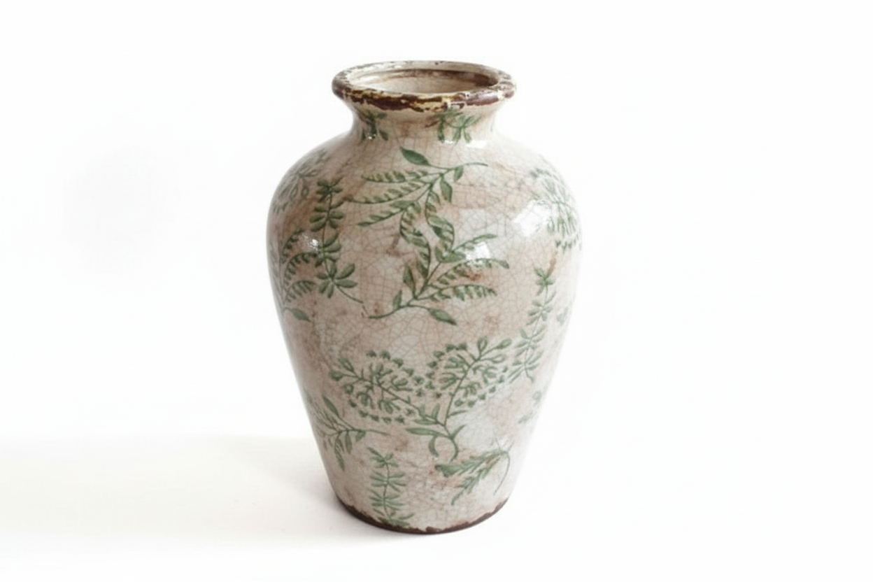 Stoneware Bulbous Botanical Leaf Pattern Vintage Crackle Glaze Vase Off White