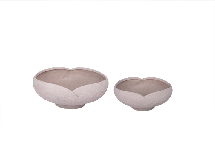Terracotta Sculptural Set of 2 Petal Style Organic Pattern Textured Glaze Bowl Off White