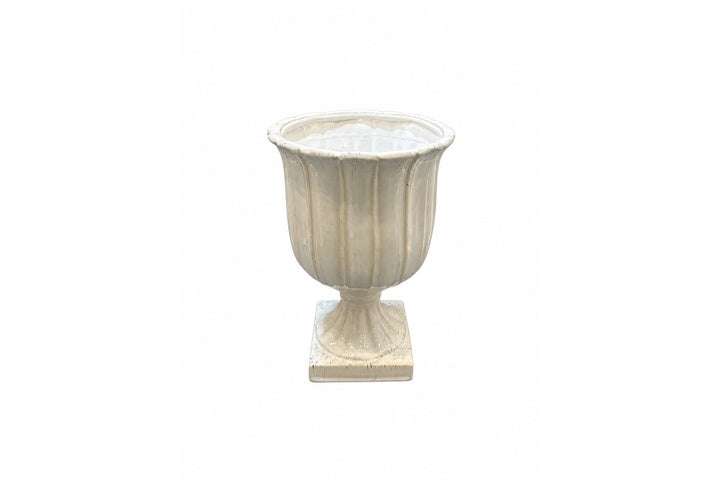 Stoneware Fluted Pedestal Style Vertical Pattern Distressed Glaze