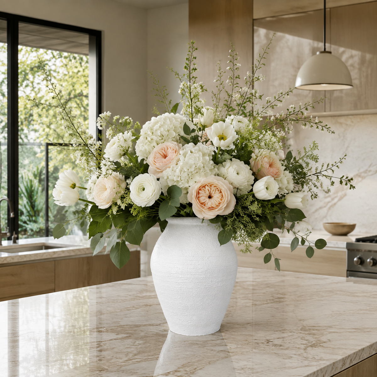 A large white textured ceramic vase filled with a lush floral arrangement of white and blush pink flowers with green foliage, set on a marble kitchen island.