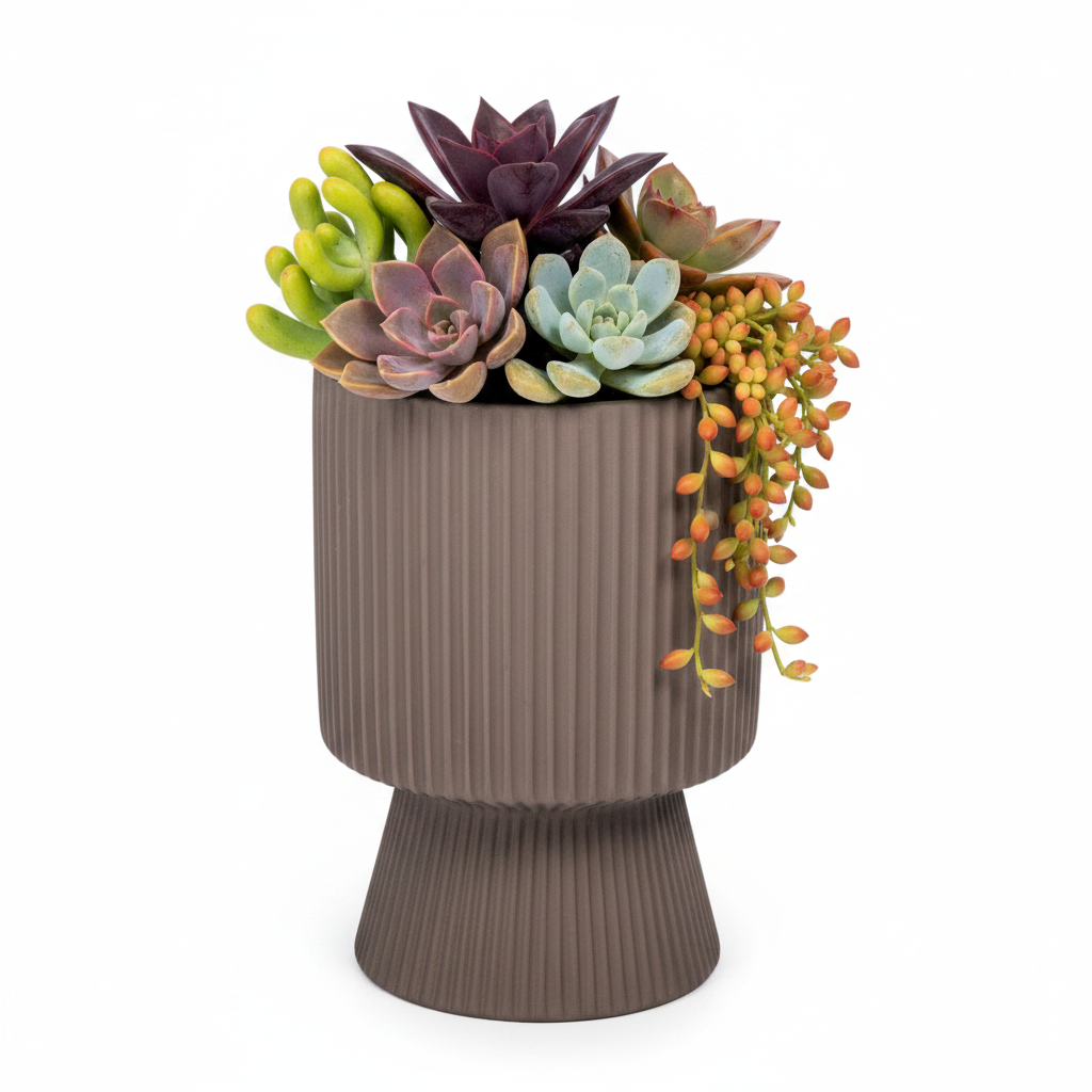 Oksana Ribbed Stoneware Vase with Tapered Pedestal Base