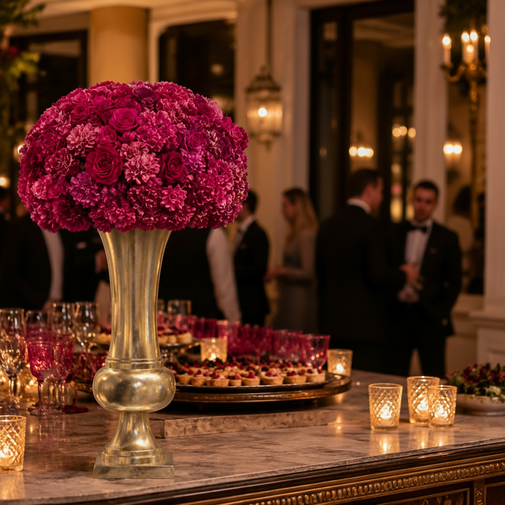 Gold flower vase filled with dense magenta and pink floral arrangements, displayed on a marble table in an elegant indoor event setting with candles and guests blurred in the background.