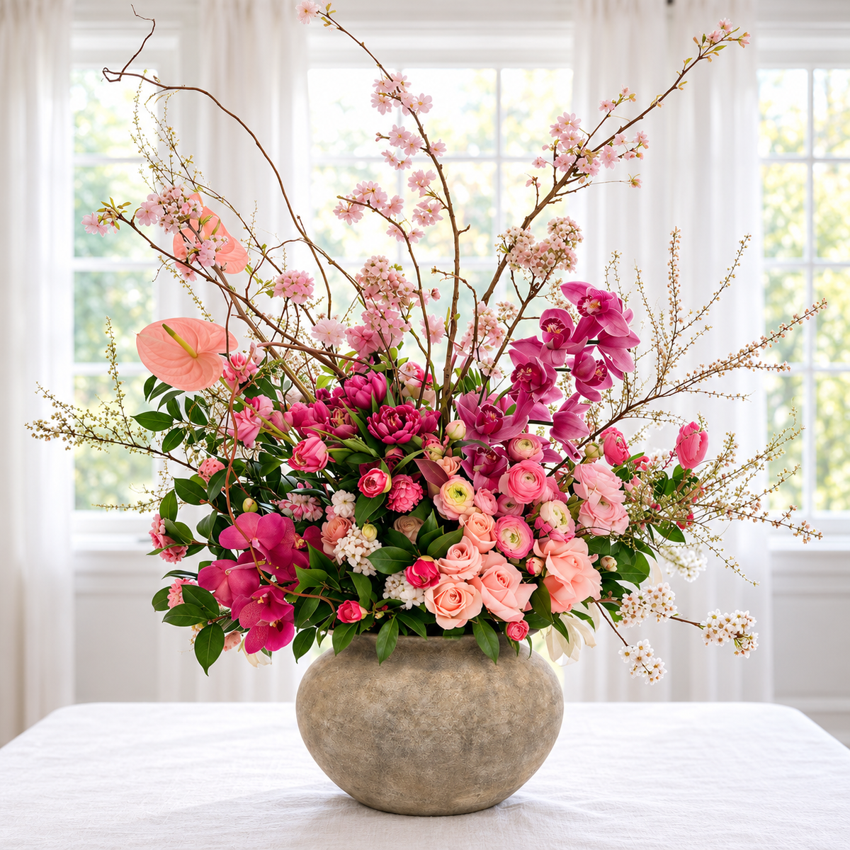 A large floral arrangement in a round textured gray vase, featuring pink and magenta flowers, peach blooms, green foliage, and delicate twig branches, displayed on a white tablecloth in front of a bright window.