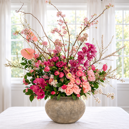 A large floral arrangement in a round textured gray vase, featuring pink and magenta flowers, peach blooms, green foliage, and delicate twig branches, displayed on a white tablecloth in front of a bright window.