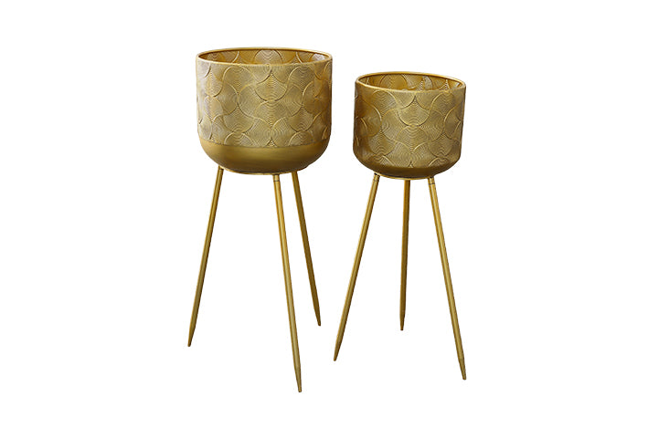 Metal Round Planter with Banded Symmetric Swirl Spade Pattern on Tripod Stand Set of Two Painted Finish Gold