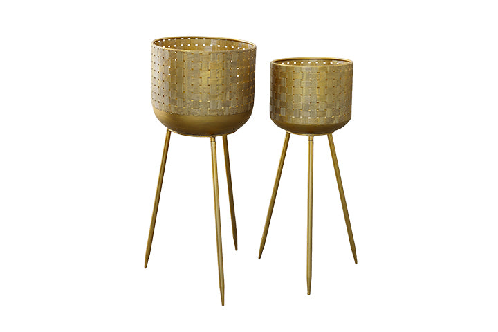 Metal Round Planter with Banded Symmetric Swirl Spade Pattern on Tripod Stand Set of Two Painted Finish Gold