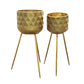 Metal Round Planter with Banded Symmetric Swirl Spade Pattern on Tripod Stand Set of Two Painted Finish Gold