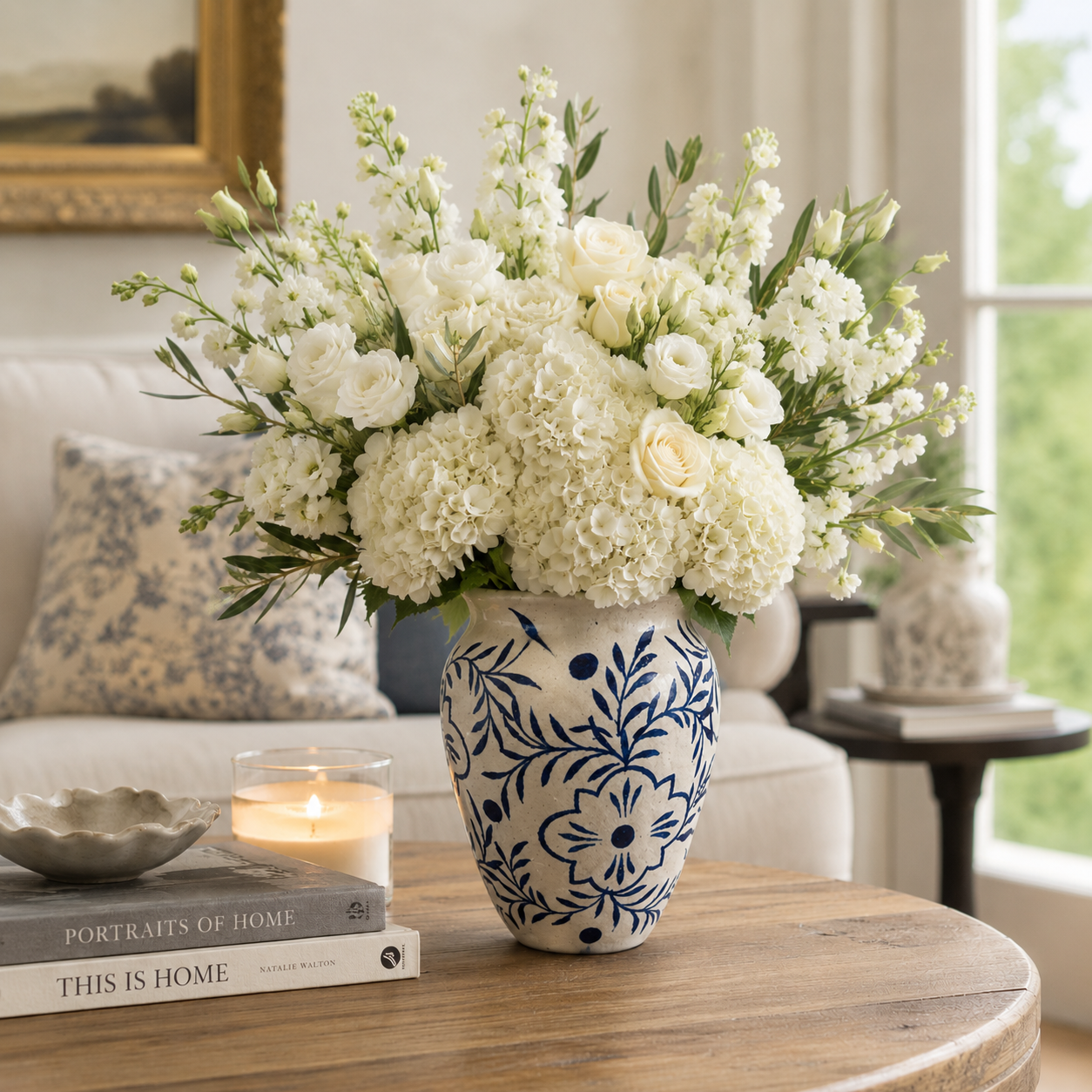 STILL IN PORT - Chinoiserie Ceramic Vase With All-Over Floral Vine Motif and Flared Distressed Rim