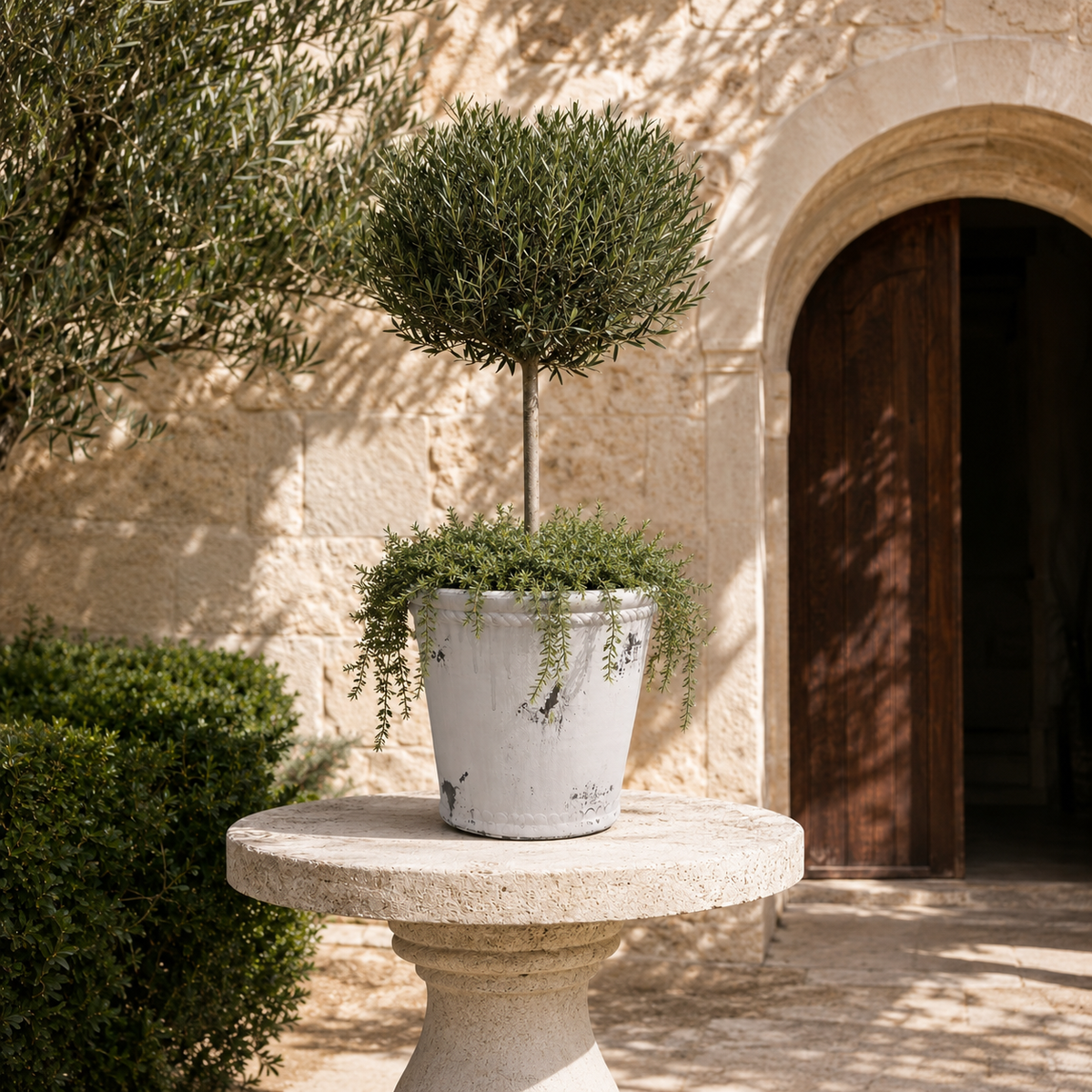 A potted topiary olive tree with a round, neatly trimmed green top and trailing greenery in a white planter, displayed on a stone pedestal in front of a sunlit stone wall and wooden door.