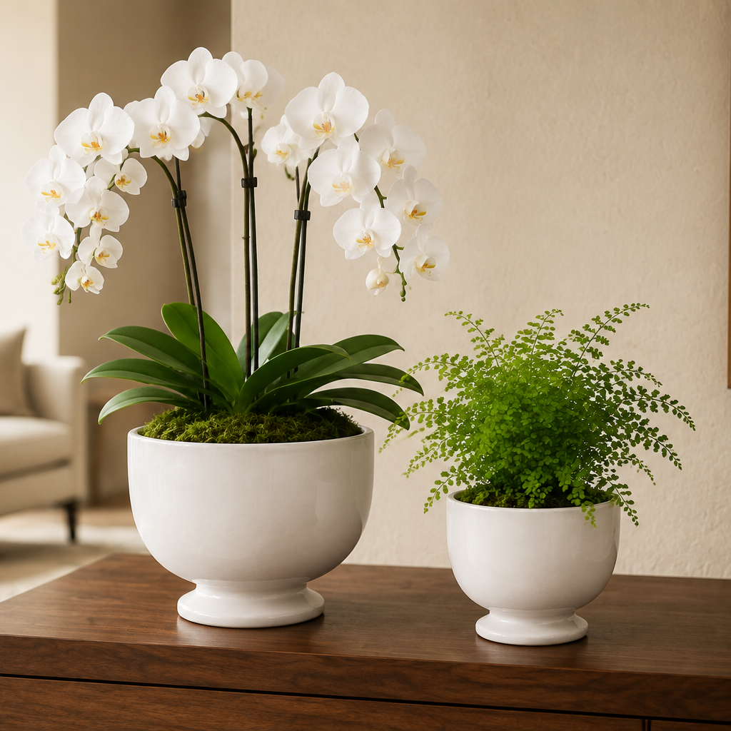 Two white ceramic planters on a dark wood console table in a modern living room. The larger pot holds a white orchid with green leaves, and the smaller pot holds a green fern.