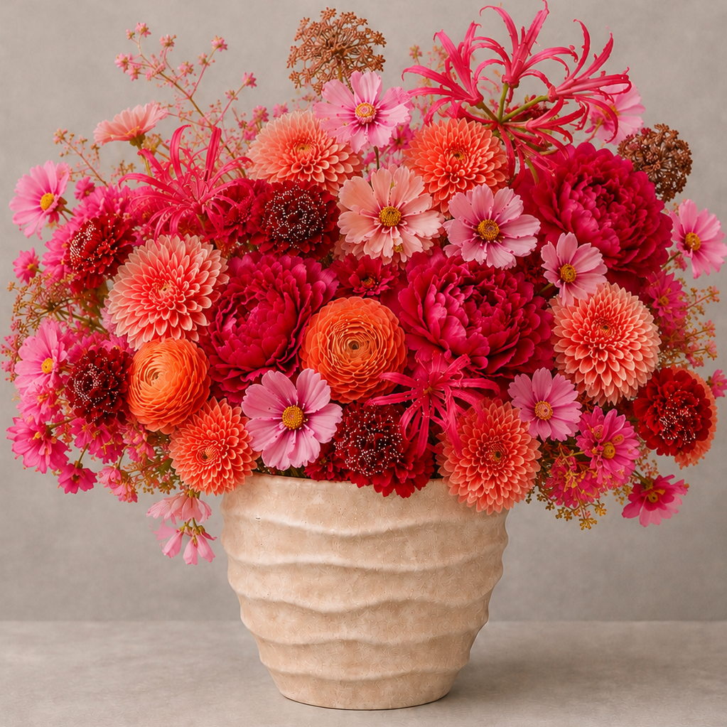 A vibrant autumnal floral arrangement featuring pink, red, and orange flowers in a textured beige ceramic pot, set against a neutral gray background.