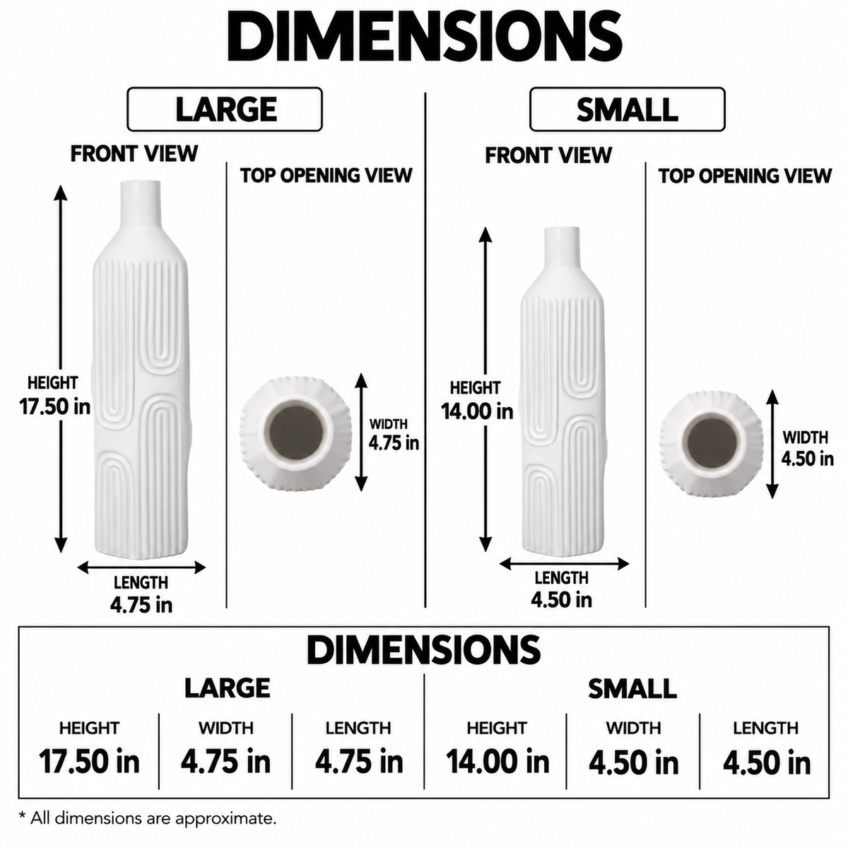 A dimension chart showing front and top views with measurements for large and small bottle sizes. The chart includes height and width measurements with approximate values listed at the bottom.