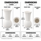A dimension comparison chart showing large and small views of a white ceramic vase with front, top opening, and width/height measurements labeled on a white background.