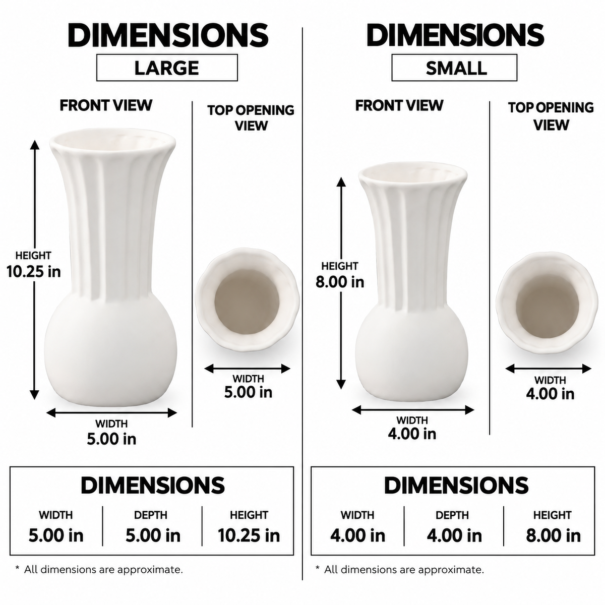 A dimension comparison chart showing large and small views of a white ceramic vase with front, top opening, and width/height measurements labeled on a white background.