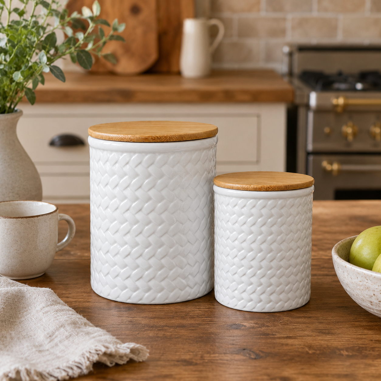 Two white textured ceramic canisters with light wood lids, displayed on a wooden kitchen table with a cozy, warm background.
