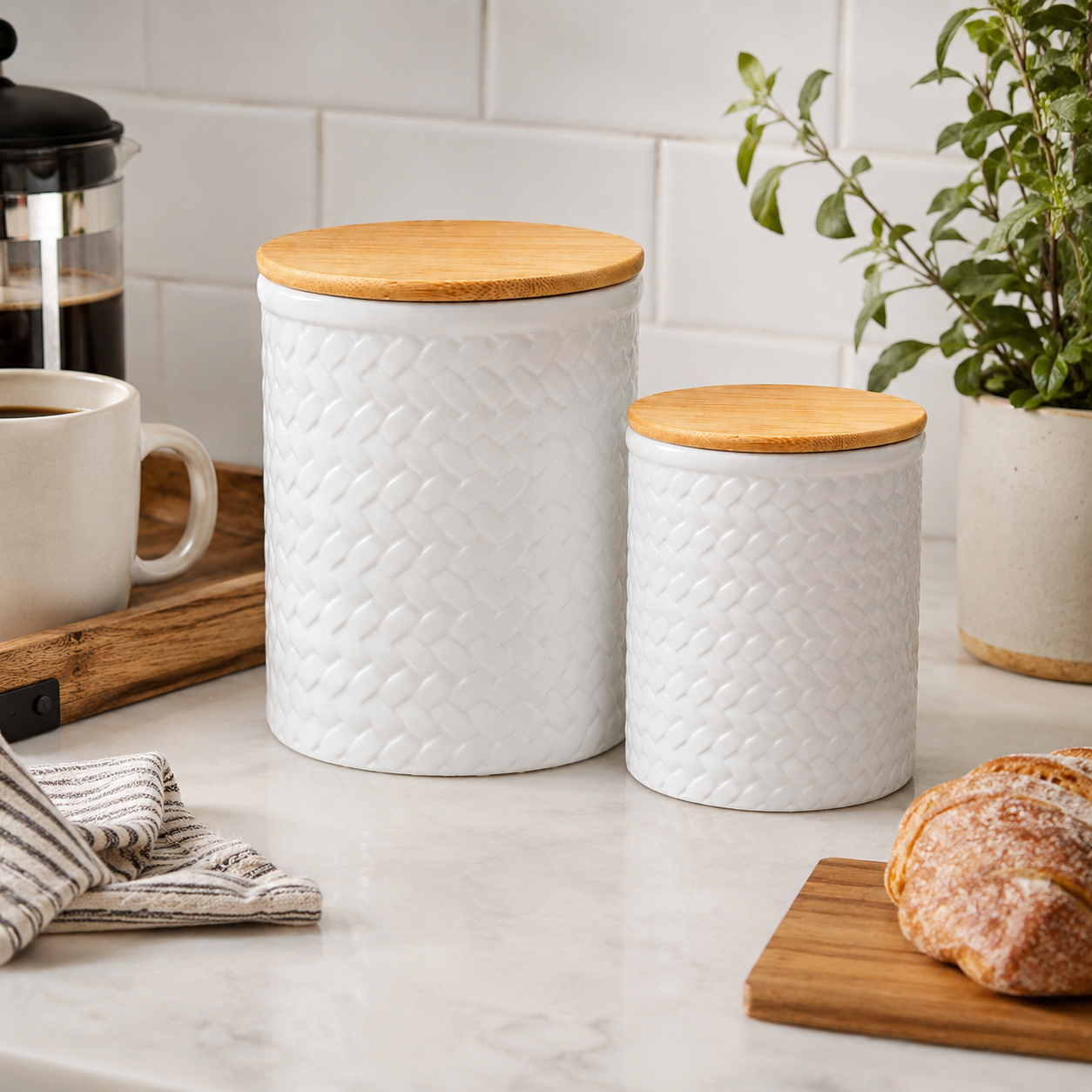 Briora White Weave Ceramic Canisters with Lids (Set of 2)