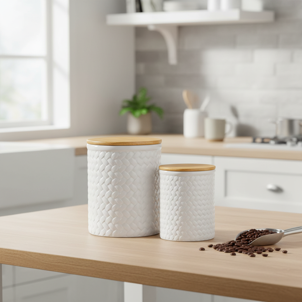 Briora White Weave Ceramic Canisters with Lids (Set of 2)