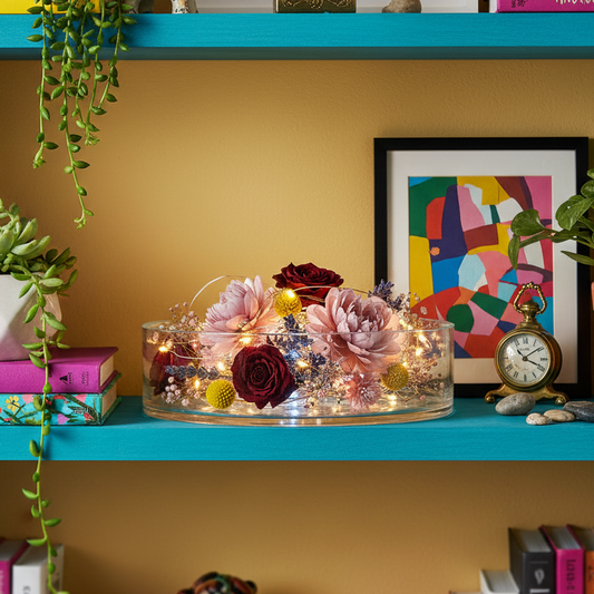A decorative glass planter with dried flowers and warm fairy lights sits on a teal shelf in a styled room setting with books, plants, and framed art.