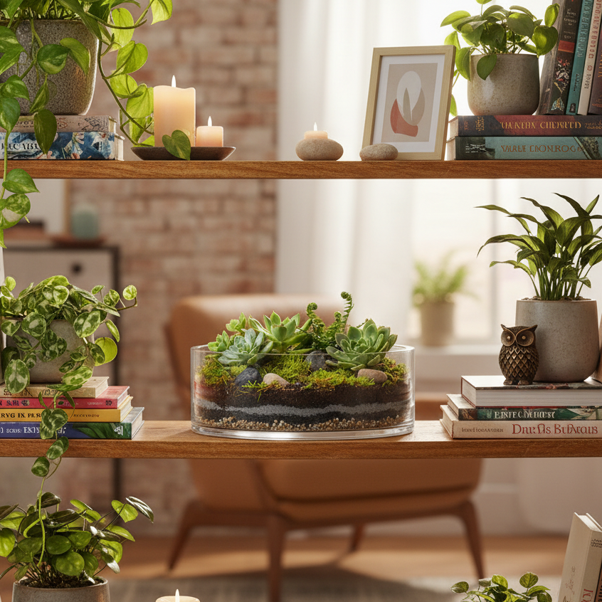 A wooden bookshelf styled with multiple potted green plants, books, candles, small stones, and a round glass terrarium filled with succulents and moss, set in a warm, softly lit living room.