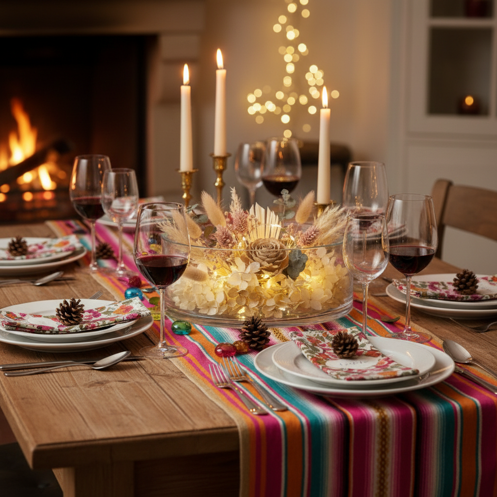 A festive holiday table setting with a colorful striped table runner, floral place settings, wine glasses with red wine, candles, pinecones, and a large glass bowl centerpiece filled with dried flowers and fairy lights, with a warm fireplace in the background.