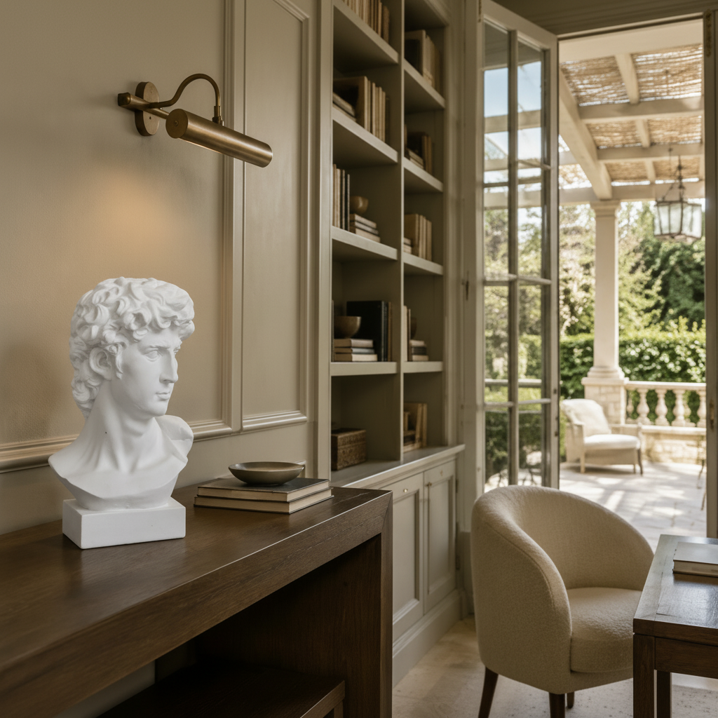 A white classical-style bust sculpture displayed on a dark wooden console table in a beautifully decorated study, with bookshelves, a wall sconce, and large windows overlooking a lush garden patio.