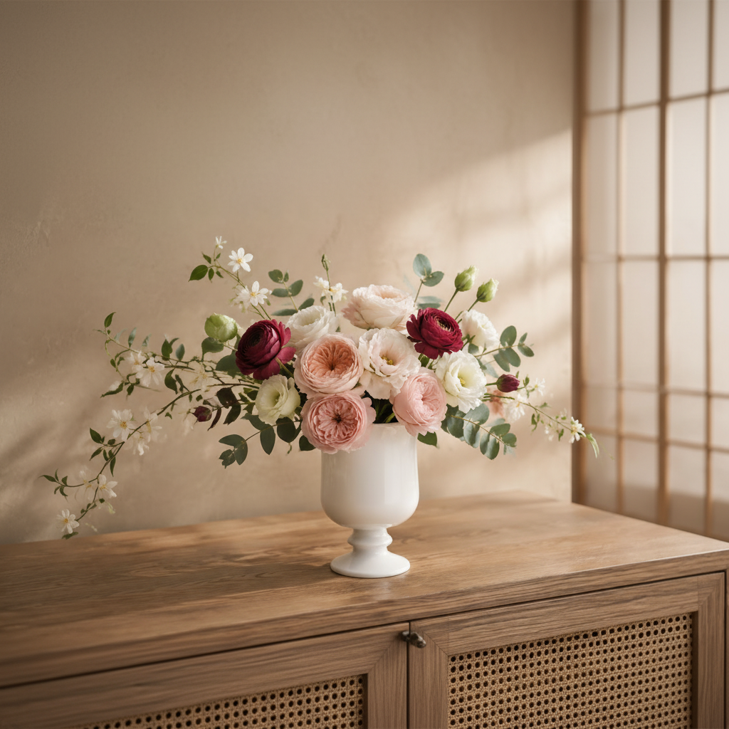A floral arrangement in a white pedestal vase, placed on a wooden cabinet in a softly lit interior with a beige wall and window screen.