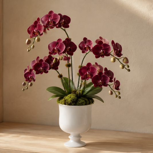A potted artificial orchid arrangement with deep burgundy flowers, green leaves, and moss in a white pedestal vase, placed on a light wood surface against a beige wall.