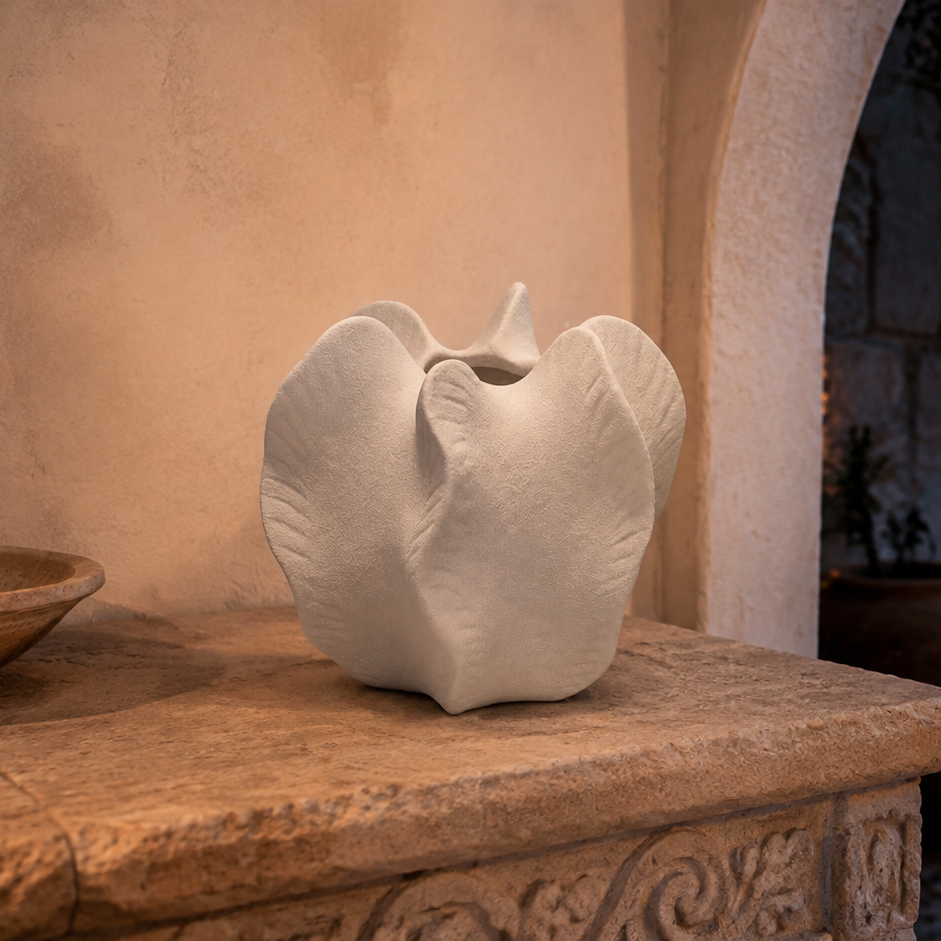 A sculptural, organic-shaped white ceramic vase displayed on a stone ledge in a warm, rustic courtyard setting.