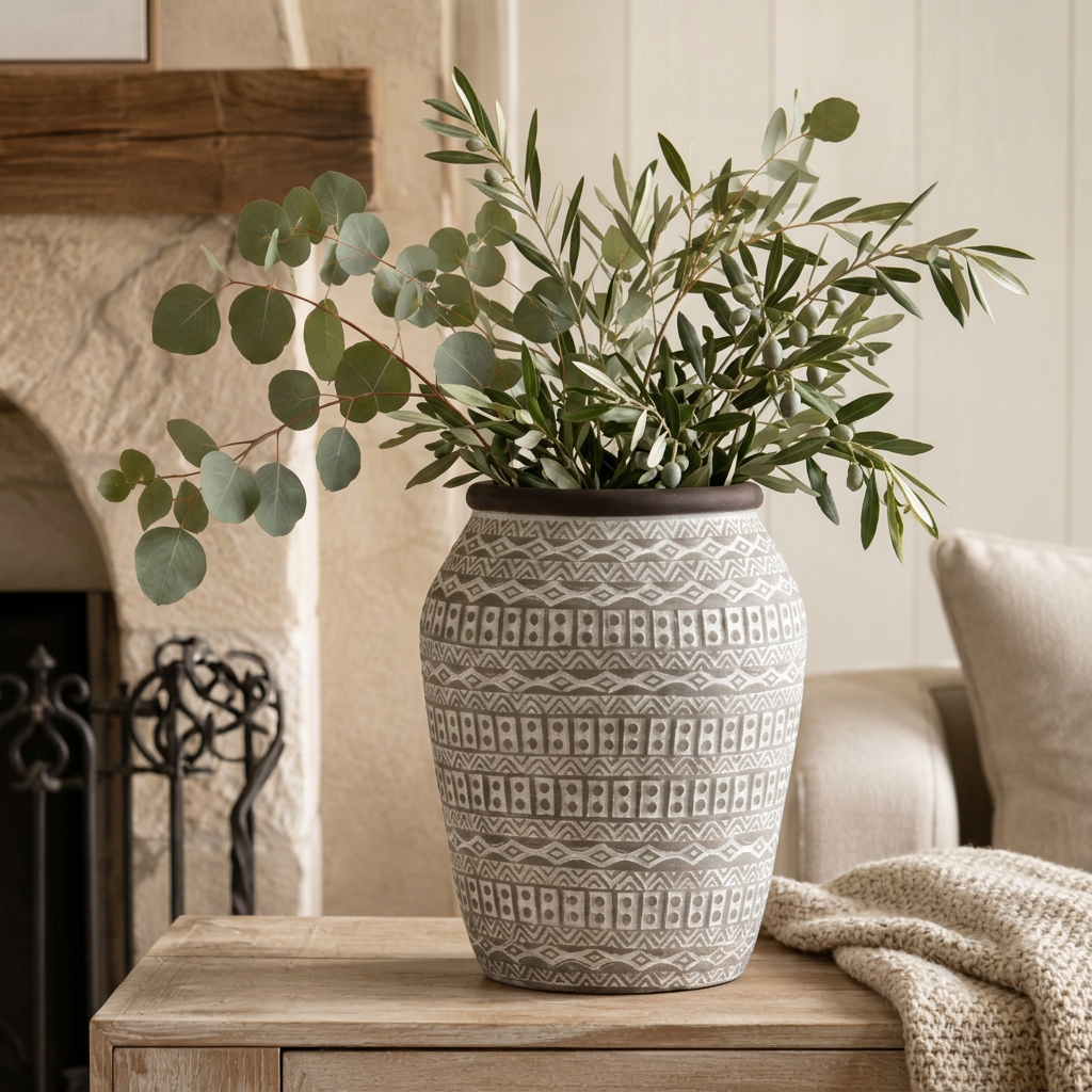 A gray and white patterned ceramic planter vase filled with green eucalyptus branches, styled on a wooden console table in a cozy living room setting next to a fireplace and sofa.