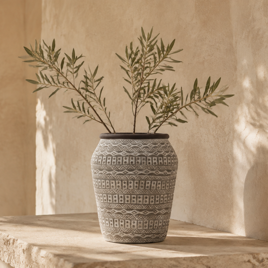 A textured gray ceramic vase with a geometric pattern, holding olive branches, set on a stone ledge against a warm beige stucco wall with an arched doorway in the background.