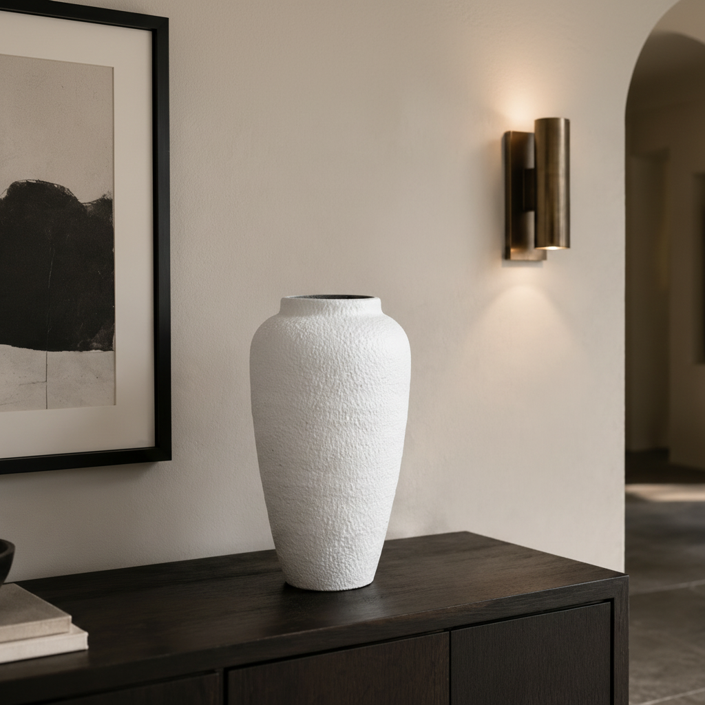 A tall, textured white ceramic vase displayed on a dark wooden console table in a modern, minimalist interior hallway.