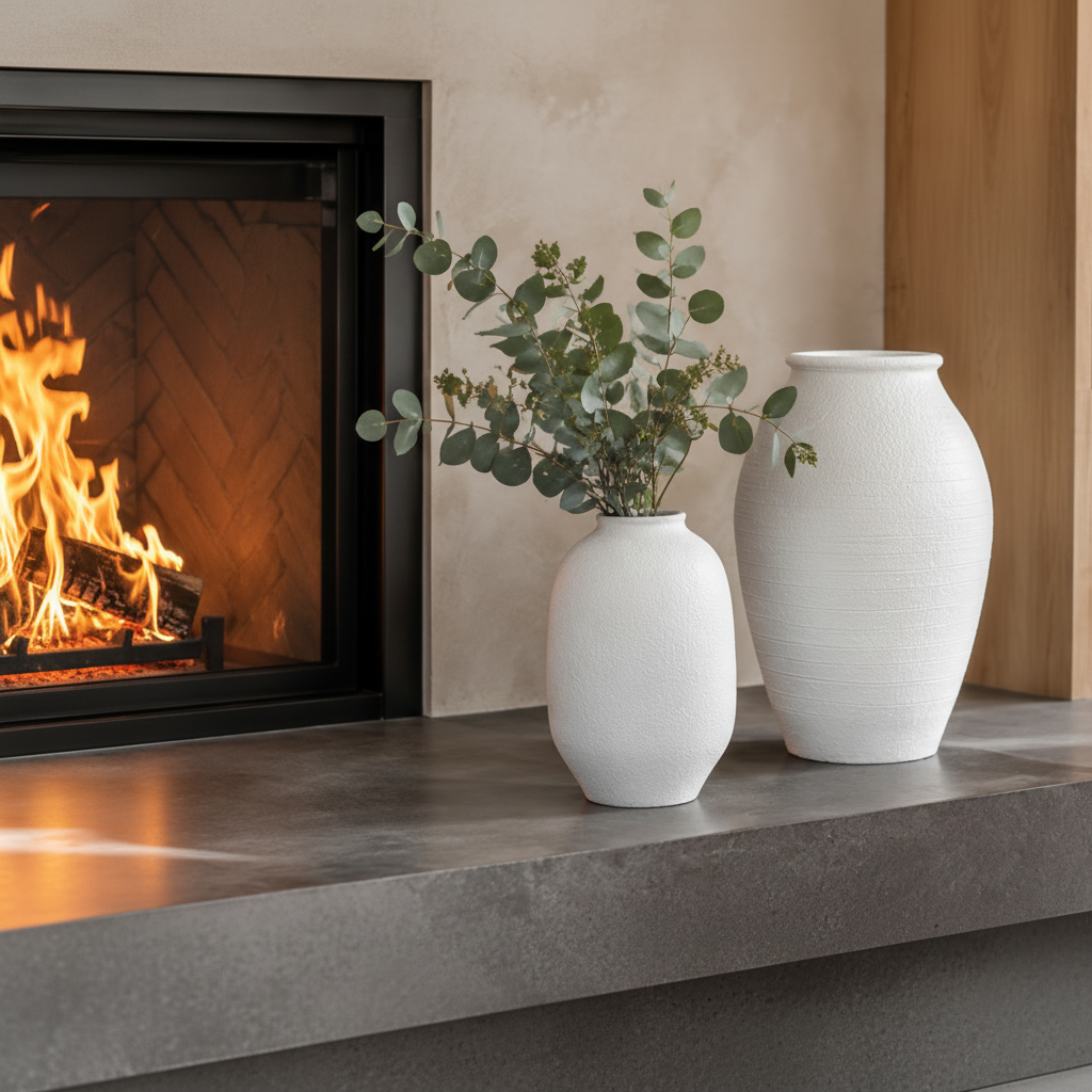 Two matte white ceramic vases, one small and one large, displayed on a stone mantel in a modern living room setting with a fireplace and wooden cabinet in the background.