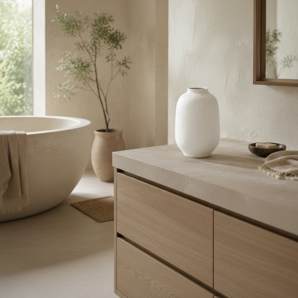 A white textured ceramic vase displayed on a light stone vanity in a softly lit bathroom setting with a bathtub, potted plant, and mirror.