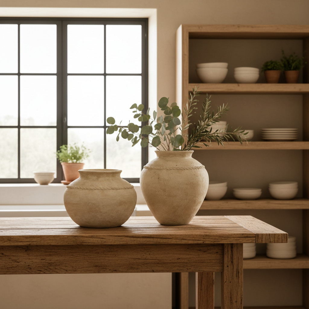 Two round beige ceramic vases with rope-like decorative bands, one filled with eucalyptus branches, displayed on a stone kitchen counter.