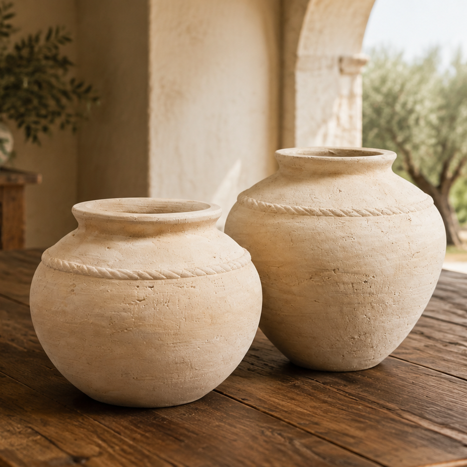 Two round beige ceramic vases with rope-textured bands, displayed on a rustic wooden table in a sunlit stone interior with an outdoor view through an archway.