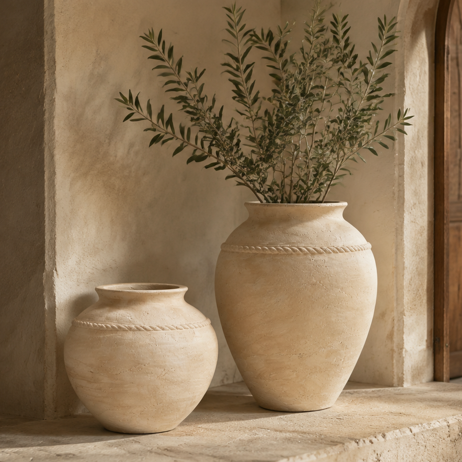 Two large beige terracotta-style decorative vases with rope detailing, one small and one tall, holding green olive branches, displayed in a rustic stone corridor.
