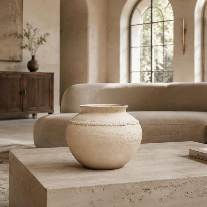A round, textured cream-colored ceramic vase displayed on a light stone coffee table in a modern, warm-toned living room with a beige sectional sofa and arched windows.