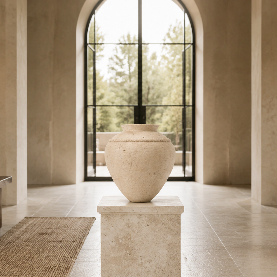 A large cream-colored stone urn displayed on a matching stone pedestal in a serene, modern architectural hall with warm beige walls, a dark wood bench, and a hanging lantern.