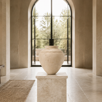 A large cream-colored stone urn displayed on a matching stone pedestal in a serene, modern architectural hall with warm beige walls, a dark wood bench, and a hanging lantern.