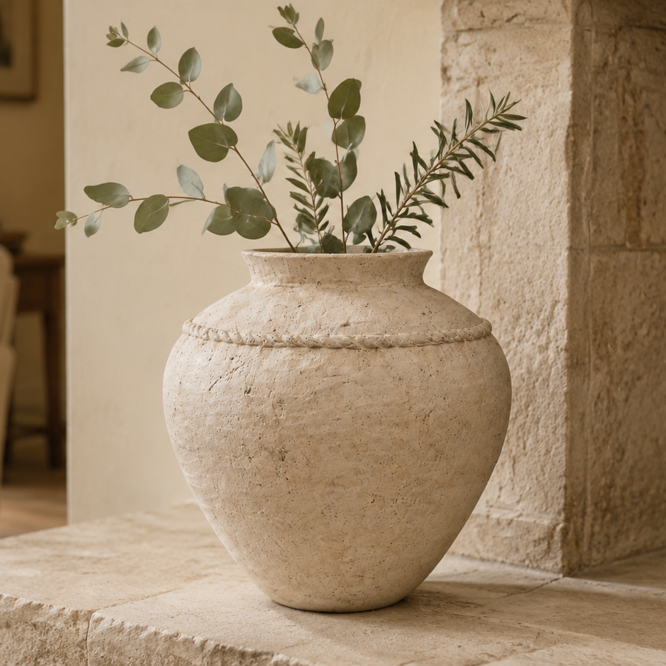 A large textured cream-colored stone urn vase filled with green eucalyptus branches, displayed on a stone mantel in a cozy living room setting.