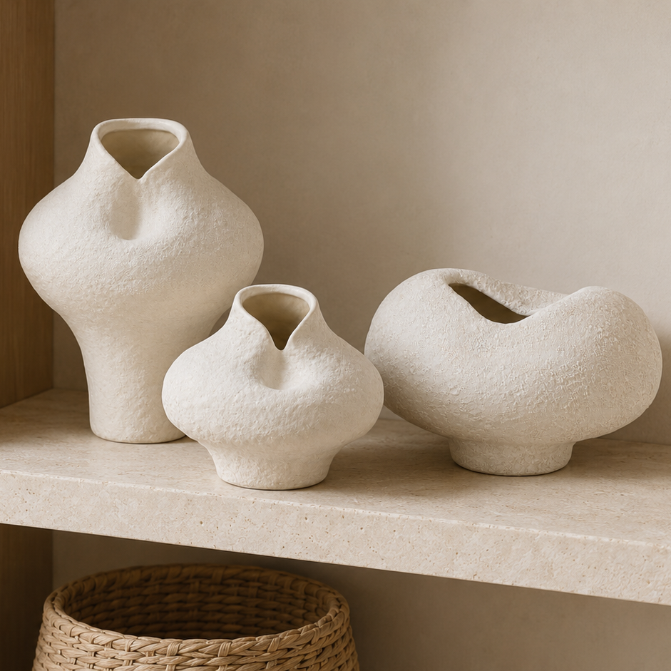 Three textured off-white ceramic vases with unique organic shapes displayed on a light wood shelf in a warm, neutral-toned interior setting.