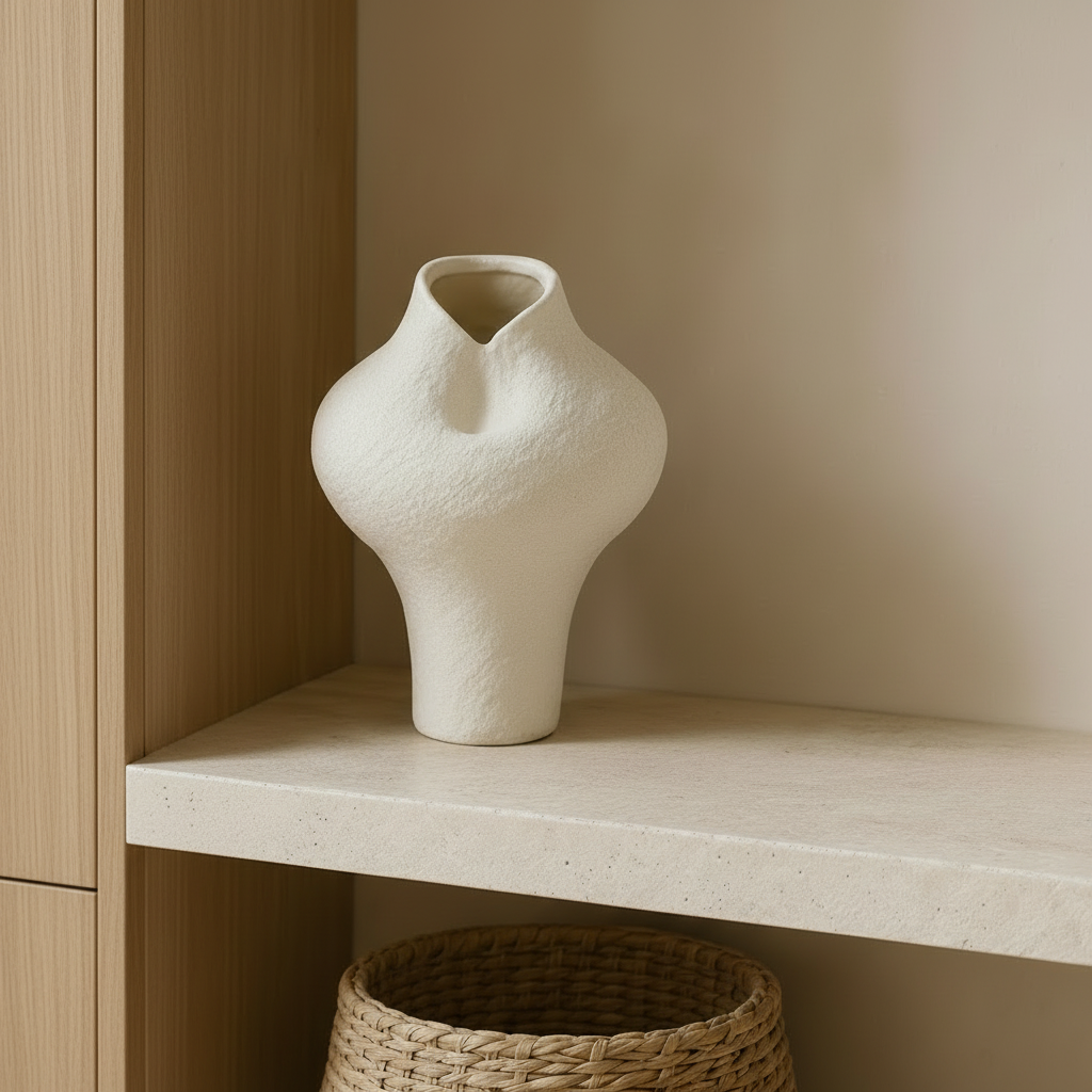 A textured off-white ceramic vase with a unique pinched neck and wide flared base, displayed on a light beige stone shelf next to a woven basket.