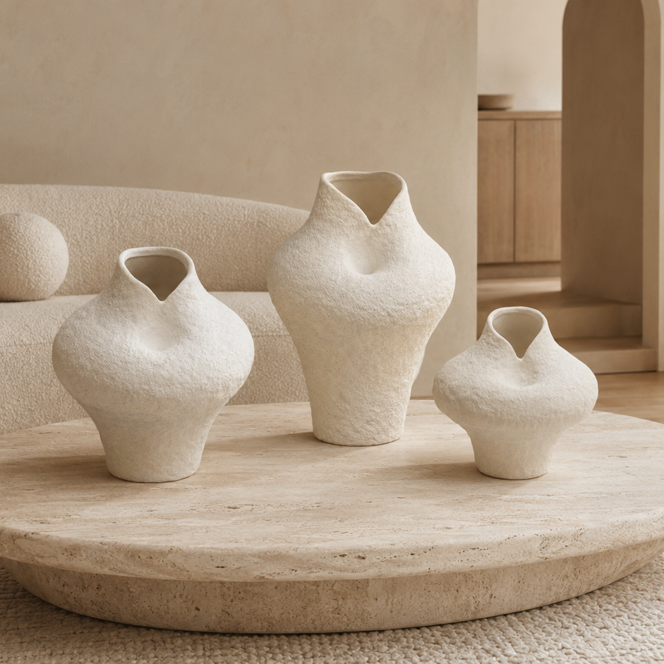 Three textured off-white ceramic vases in different bulbous shapes displayed on a round stone coffee table in a warm, minimalist living room setting.