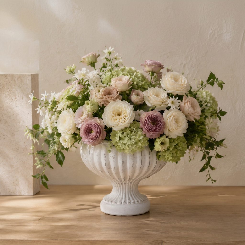 A large white ribbed urn-shaped vase filled with a lush floral arrangement of cream, blush, and lavender roses, green hydrangeas, and trailing greenery, displayed on a wooden table against a textured beige wall.