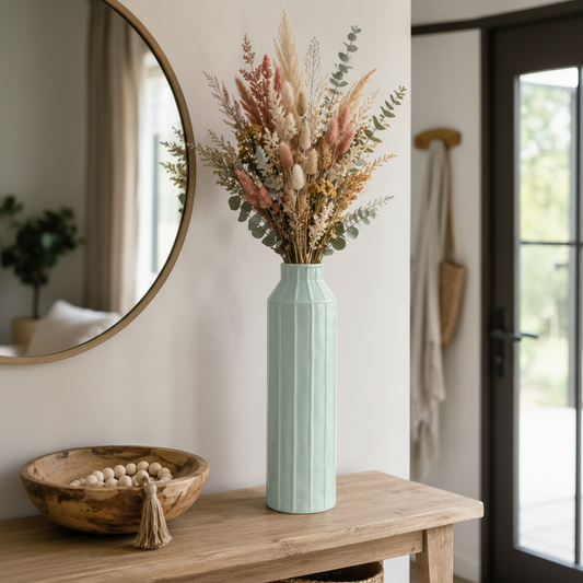 A tall, pale mint green ribbed ceramic vase filled with a dried floral arrangement in muted beige, blush pink, and brown tones, displayed on a wooden console table in a styled interior setting.
