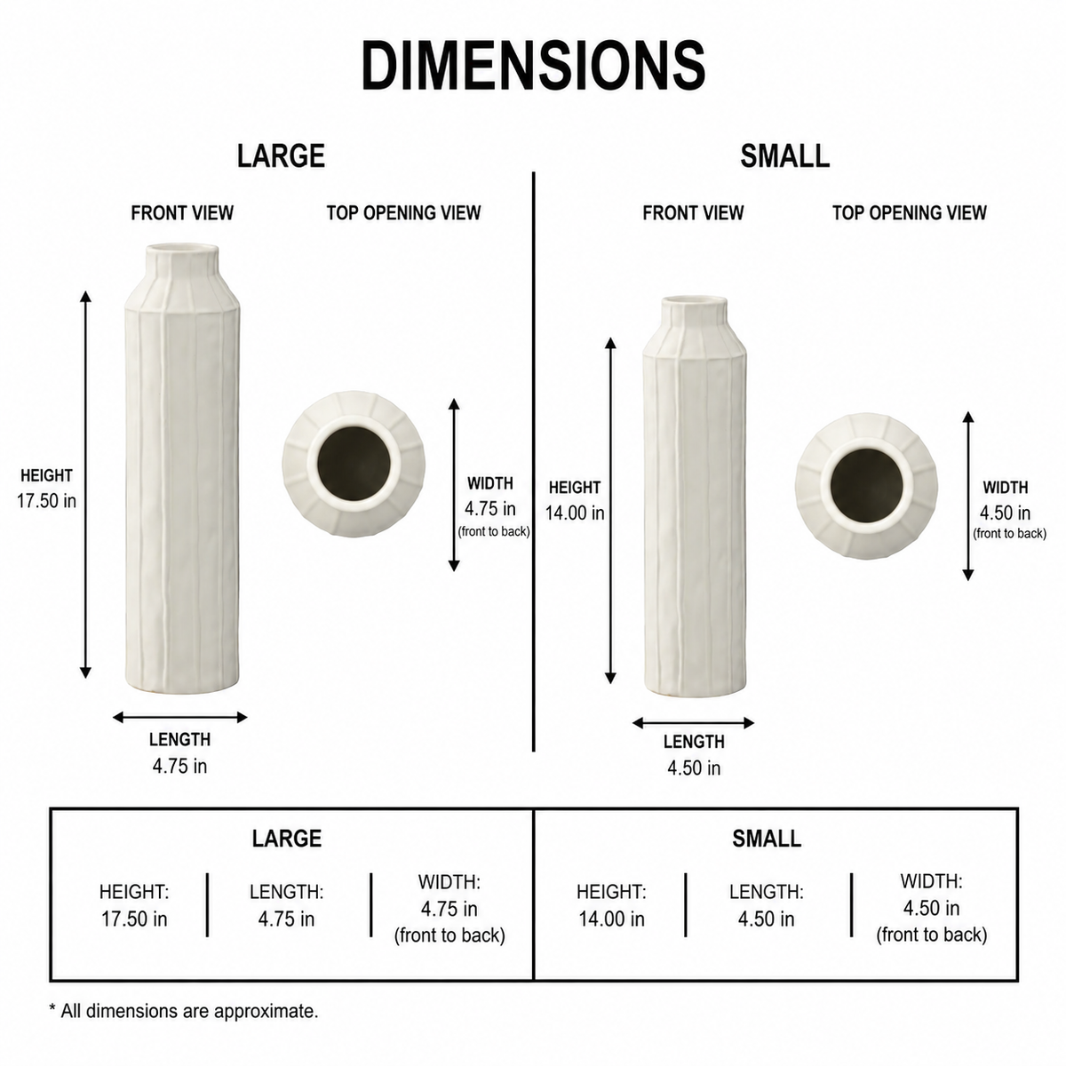 A dimension chart for a white textured ceramic vase, showing measurements for both large and small sizes including front view, top opening view, length, height, and width.
