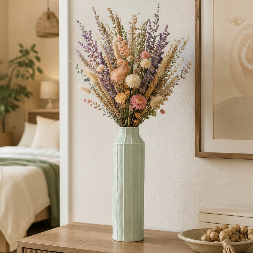 A tall, pale mint-green ribbed ceramic vase filled with a colorful assortment of dried flowers and grasses, displayed on a wooden console table in a warm, modern bedroom setting.