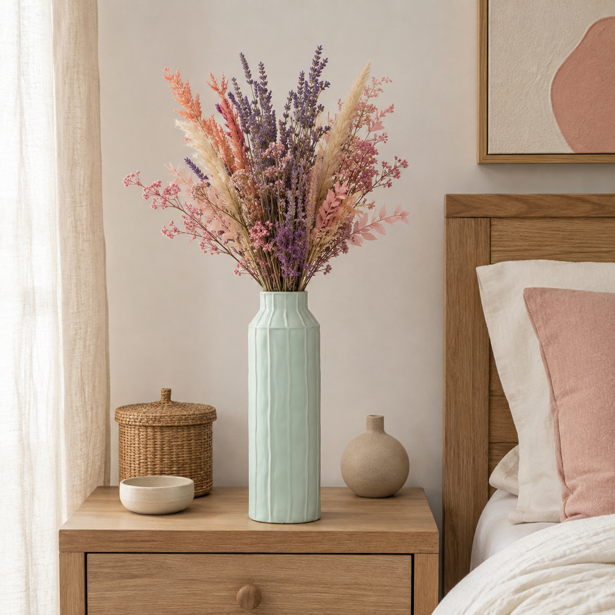 A tall light aqua ceramic vase filled with a dried floral arrangement in pink, peach, and lavender tones, styled on a wooden bedside table next to a bed with a pink pillow.