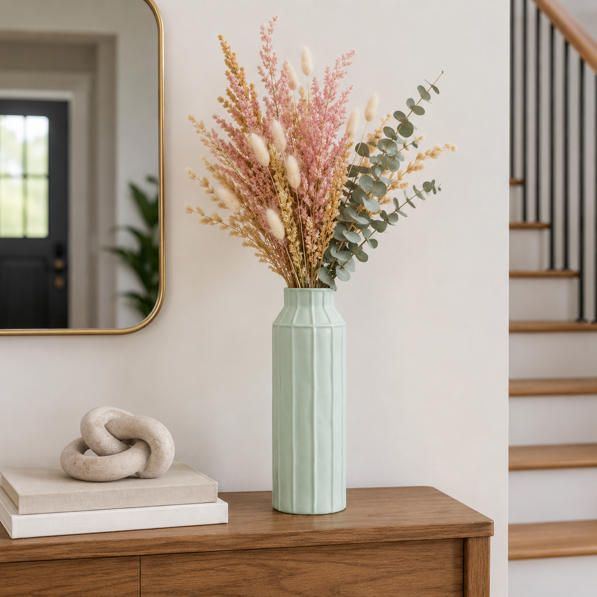 A tall, ribbed light green ceramic vase filled with pink and beige dried grasses and eucalyptus stems, styled on a wooden console table in a bright, modern room.